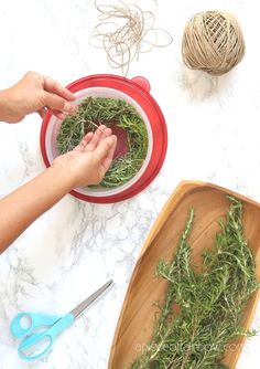 5 Minute DIY wreath making hack using a $1 food container to make rosemary, lavender, or Christmas wreaths! Easy nature crafts, farmhouse home decor & handmade gifts! - A Piece of Rainbow #diy #wreath #hacks #garden #flowers #herbs #homedecor #homedecorideas #diyhomedecor #crafts #boho #bohostyle #farmhouse #farmhousestyle #farmhousedecor crafts, boho living, decorations, harvest wreath, spring, summer, fall, Christmas ideas Olive Wreath Diy, Small Wreath Ideas, Rosemary Wreath Diy, Herb Crafts, Easy Wreath