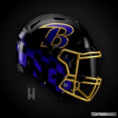 a black and blue football helmet with the letter b on it's side, against a dark background