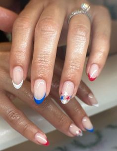 Nail Ideas For Fourth Of July, Fourth Of July French Tip Nails Almond, Short Almond Nails Fourth Of July, White French Tip 4th Of July Nails, Forth Of July Nails French Tips, Gel Fourth Of July Nails, Summer Nails 2024 Fourth Of July, Nails For July Summer, Fourth Of July Fourth Of July Nails