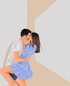 a man and woman kissing in front of a wall