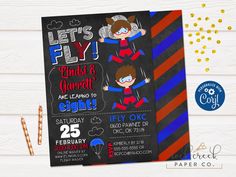 Let's fly! Edit and print your own skydiving invitations! Invitations are 5x7 (when trimmed). Designed for standard A7 envelopes. ✅TRY BEFORE YOU BUY! Copy and paste the following link into a new browser: https://www.corjl.com/d/3577OK Coordinating printables are available here: https://www.etsy.com/listing/494925454 ✅DON'T WANT TO EDIT YOURSELF? Add this listing for editing services: https://www.etsy.com/listing/733293625 ✅INSTANT DOWNLOAD TEMPLATE - EDIT IN YOUR BROWSER * You'll have access to Supergirl Birthday, Birthday Party Template, Twins Boy, Indoor Skydiving, Party Template, Twin Boys, Skydiving, Some Text, Printed Invitations