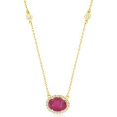 Royal 14K Yellow Gold Necklace with Oval Ruby and Diamond Accents - 1.25 Carat Ruby and 0.27 Carat Diamond Ruby Diamond Necklace, Ruby And Diamond Necklace, 14k Yellow Gold Necklace, Yellow Gold Necklace, Evening Gowns Elegant, Luxury Necklace, Royal Jewelry, Ruby Diamond, Light Reflection