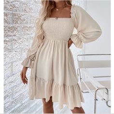 Boho Cream Flounce Ruffle Sleeve Mini Dress Minimalist Xs S M L, 100% Polyester, Ships In 7-8 Days Midi Dress Chic, Long Sleeve Ruffle Dress, Boho Summer Dresses, High Waist Dress, Body Con Dress, Ruffle Hem Dress, Long Sleeve Bodycon, Long Sleeve Bodycon Dress, Outfit Casual