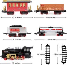 four different types of toy trains are shown in this diagram, and each train has its own name on it