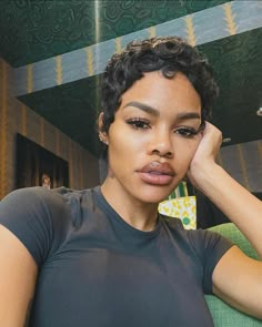 Pixie Cut Styles Black Women, Short Hair Pixie Cuts Black Women, Rihanna Pixie Cut, Pixie Hairstyles For Black Women, Short Cut Hairstyles, Hair Chop, Curled Pixie, Women Pixie Cut