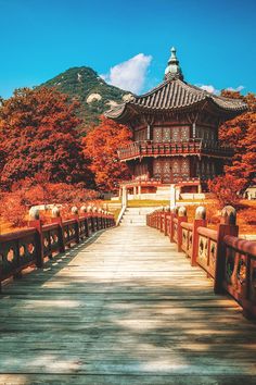 a wooden walkway leading to a pagoda in the middle of trees with red leaves on them