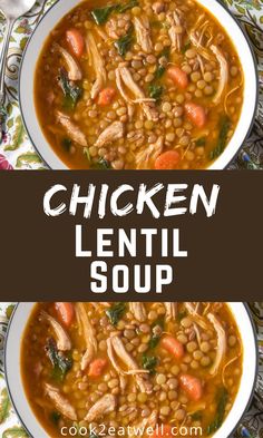 two bowls of chicken lentil soup with spinach and carrots