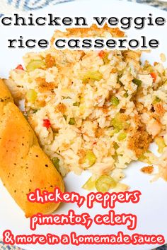 Topped with buttery breadcrumbs, Chicken Veggie Rice Casserole is a delicious and hearty family meal. Precooked chicken, rice, peppers, celery and a homemade sauce come together in this one dish dinner that will have everyone asking for more!

#precookedchicken #familymeal #chickencasserole #pimentos #ricecasserole #chickenricecasserole Chicken Rice Peppers, Veggie Rice Casserole, Breadcrumbs Chicken, Chicken Jambalaya, Casserole Kitchen, Veggie Rice, Chicken Rice Casserole, Pre Cooked Chicken, Asparagus Soup