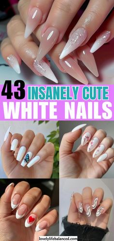 white nails with glitter, trendy white nails, spring summer nails 2024, college graduation nails, simple graduation nails, white graduation nails, summer nails 2024, 2024 summer nails Cute Pink And White Nails, Cute White Nails, White Nails With Glitter, Short White Nails, Graduation Nail Art