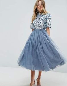 Wedding Outfit Skirt And Top Guest, Asymmetrical Tulle Skirt, T Length Dresses, Sequin Tops For Women, Prom Skirt And Top, Crop Top Over Dress, Midi And Top, Tulle Skirt Outfit Wedding, Tulle Skirt And Top