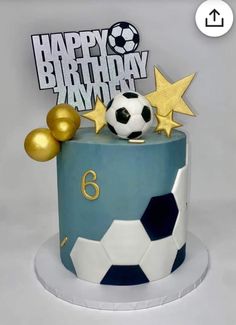 a birthday cake with a soccer ball and stars on top