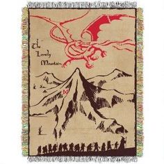 a tapestry with an image of a dragon flying over the mountains and people on it