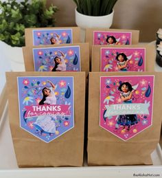 there are four bags that have princesses on them with thank you cards in the front