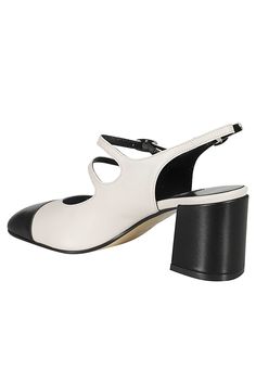 Papaya pumps - Carel Paris - Beige color - Leather upper - Leather sole - Black rounded toe - Adjustable straps with buckle - 6 cm heel. Calf Leather Slingback Pumps For Office, Calf Leather Slingback Pumps With Round Toe For Office, White Almond Toe Heels With Buckle Closure, White Leather Almond Toe Slingback Pumps, White Slingback Pumps With Contrasting Heel Counter, White Leather Ankle Strap Court Shoes, White Leather Court Shoes With Ankle Strap, Calf Leather Closed Toe Heels With Buckle, Calf Leather Closed Toe Heels With Buckle Closure