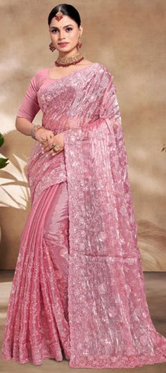 Pink and Majenta color Saree in Silk fabric with Embroidered, Resham, Sequence work Pink Saree With Zari Work For Ceremonies, Festive Saree With Intricate Embroidery For Ceremony, Festive Ceremony Saree With Intricate Embroidery, Pink Embroidered Fabric For Festive Ceremonies, Festive Pink Embroidered Fabric For Ceremony, Ceremony Embroidered Saree With Pallu, Ceremony Saree With Embroidered Pallu, Ceremonial Saree With Cutdana In Traditional Drape, Bollywood Style Saree With Intricate Embroidery For Ceremony