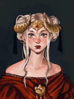 a painting of a woman with horns on her head wearing a red dress and gold jewelry