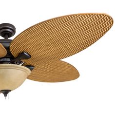 a ceiling fan with two wooden blades and a light fixture on the top of it