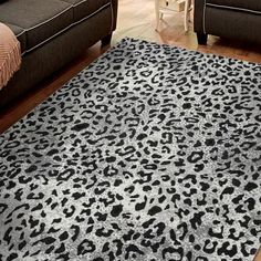 a leopard print rug in a living room