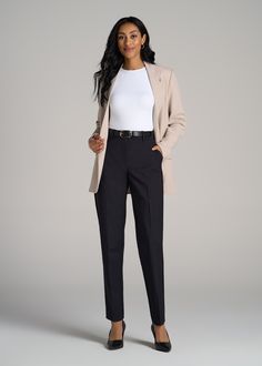 Chic and Sophisticated Women's Tall Dress Pants Elegance in Every Seam Our Flat Front Tapered Dress Pants for tall women are a testament to American Tall's commitment to empowering women over 5'9" with fashion that fits. These pants, crafted with a blend of cotton, nylon, and elastane, offer a comfortable, high-rise fit that's both flattering and functional. The tapered design and full-length cut ensure a sleek silhouette, perfect for both office and casual settings. These tall women's dress pan Work Outfits For Short Women, Dressy Dinner Outfit Winter, Women’s Dress Pants, Style For Tall Women, Black Dress Pants Outfit, Black Pants Outfit For Work, Dressy Dinner Outfit, Outfits For Tall Women, Black Dress Pants Outfits