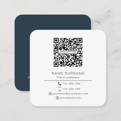 a white business card with a qr code on the front and back of it