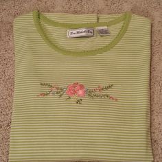 Never Worn. Light Green And White Stripe. Delicate Floral Embroidery On Chest. Short Sleeve. Size Med. Cotton T-shirt With Embroidery For Spring, Spring Cotton Tops With Embroidered Logo, Green Cotton Tops With Machine Embroidery, Spring Green T-shirt With Embroidered Graphics, Green Spring Top With Embroidered Logo, Green Spring Tops With Embroidered Logo, Spring Green Top With Embroidered Logo, Spring Green Tops With Embroidered Logo, Spring Cotton Tops With Machine Embroidery