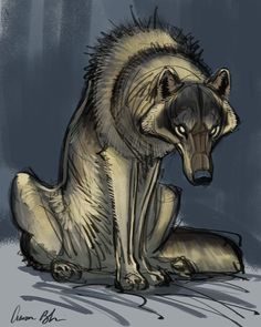 a drawing of a wolf sitting on the ground