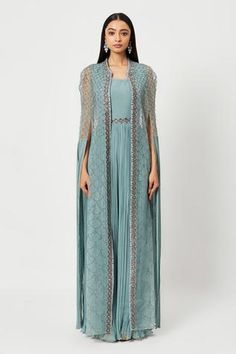 Shop for Rishi and Soujit Blue Georgette Gathered Jumpsuit With Embellished Cape for Women Online at Aza Fashions Jumpsuit With Cape, Flare Leg Jumpsuit, Long Shrug, Cutdana Work, Desi Fits, Cape For Women, Carnival Theme, Dusky Blue, Indo Western Dress