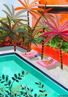 a painting of two lounge chairs next to a swimming pool with palm trees in the background