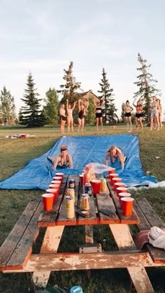 some people are sitting at a picnic table with cups and drinks in front of them