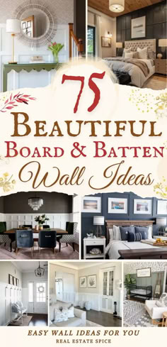 says 75 beautiful board and batten wall ideas with 7 images of board and batten walls in home entryway bedroom dining room living room hallway with wall art home decor furniture below says easy wall ideas for you Accent Wall Board And Batten Master Bedrooms, Batten Board Half Wall, Decor Over Board And Batten, Curved Board And Batten, Bottom Wall Ideas, Interior Half Wall Ideas, Bead Batten Wall, Board And Batten Wall With Shelves, Batten Board Around Windows