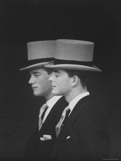 Summer formal: Anthony Armstrong Jones' Brothers Desmond Parsons, Lord Oxmantown at Wedding to Princess Margaret, by Loomis Dean Men Wearing Hats, Princesa Margaret, Men In Suits, Black And White Photograph, Princess Margaret, Sharp Dressed Man, Vintage Portraits, Two Men