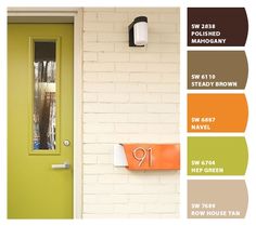 a green door with the number 19 painted on it and an orange sign next to it