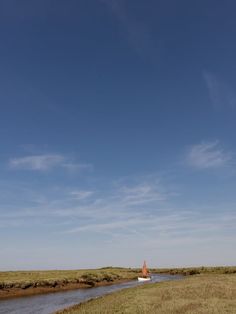 there is a sailboat that is in the water and some grass on the shore