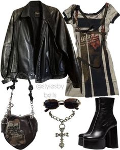 Rockstar Girlfriend Outfit Board, Grunge Barbie Outfits, Goth Core Aesthetic Outfits, Black Goth Outfit Aesthetic, Black Edgy Outfits For Women, Post Grunge Outfits, Y2k Rockstar Gf Outfits, Goth Gf Aesthetic Outfits, Front Bottoms Concert Outfit