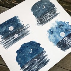 four watercolor paintings of the night sky