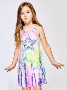 Get her set for summer with this colorful tie-dye dress. A star print surrounded by rhinestones adds a pop of sparkle girls love. Sporty striped trim and an easy A-line shape make it a definite wardrobe winner. Pullover style Sleeveless A-line silhouette Tie-dye star print Rhinestone details Round neckline Ribbed trim around neck and armholes Holiday Family Outfits, Character Dress Up, Pajama Costume, Cowboy Costume, Cheerleader Costume, Princess Dress Up, Kid Clothes