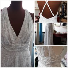 the back of a white dress is shown with pictures of it and other things on display