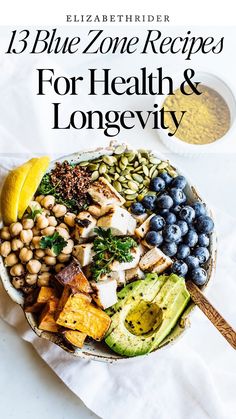 the cover of blue zone recipes for health and longevly