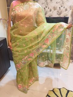 Beautiful organza saree with Resham work all over Organza Sari, 15 Aug, Resham Work, Embroidery Saree, Organza Saree, Mirror Work, Beautiful Saree, Color Choices, Saree