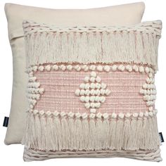 two pink and white pillows with tassels on the front, one is made out of