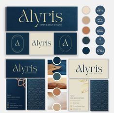 the logo and business cards for alyris skin & body studio, which has been designed