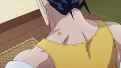 an anime character with blue hair and yellow tank top