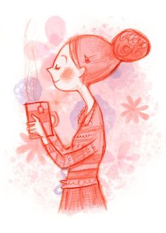 a drawing of a woman holding a cell phone