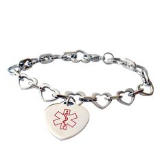 medical id bracelet for women with heart chain design and heart-shaped medical id charm, fits teens, adults, adjustable link chain with claw clasp Adjustable Metal Charm Bracelet For Valentine's Day, Adjustable Metal Heart Bracelet For Valentine's Day, Adjustable Heart-shaped Metal Charm Bracelet, Metal Heart Charm Bracelet With Adjustable Chain, Heart-shaped Metal Charm Bracelet With Adjustable Chain, Metal Heart Bracelet With Adjustable Chain, Adjustable Heart-shaped Metal Bracelets, Trendy Personalized Silver Heart Bracelet, Trendy Adjustable Heart Chain Bracelet