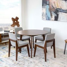 a dining room table and chairs in front of a large window with cityscape