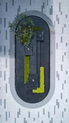 an aerial view of a planter on the side of a building with grass growing out of it