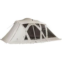 a white tent with the door open on a white background, it is also used for camping