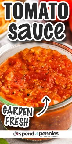 tomato sauce in a glass bowl with the words tomato sauce above it and an image of tomatoes