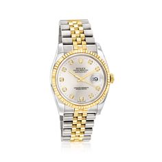 Pre-Owned Rolex Datejust Men's 36mm Automatic Stainless Steel, 18kt Yellow Gold Watch. C. 2000. Experience the renowned luxury of a pre-owned Rolex with this Datejust men's watch. The timepiece features Swiss automatic movement, synthetic sapphire crystal, 36mm case, 18kt yellow gold crown and bezel, silver dial with diamond markers, and stainless steel and 18kt yellow gold jubilee bracelet with a foldover clasp. Water-resistant up to 100M. Pre-owned Rolex stainless steel and 18kt yellow gold wa Diamond Watches With Date Indicator For Anniversary, Diamond Watches With Date Display And Round Dial, Diamond Watches With Date Display, Luxury Yellow Gold Diamond Watch With Date Indicator, Luxury Diamond Watch With Date Indicator, Luxury Diamond Watch With Date Indicator For Anniversary, Luxury White Gold Watches With Date Display, Luxury Diamond Watch With Date Display For Formal Occasions, Luxury Diamond Watch With Date Display For Formal Events