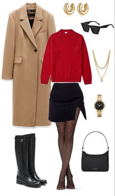 Winter Fashion Outfits Casual, Beige Coat, Paris Mode, Stylish Work Outfits, Dinner Outfits, Red Sweater, Mode Inspo, Looks Chic, Autumn Outfit